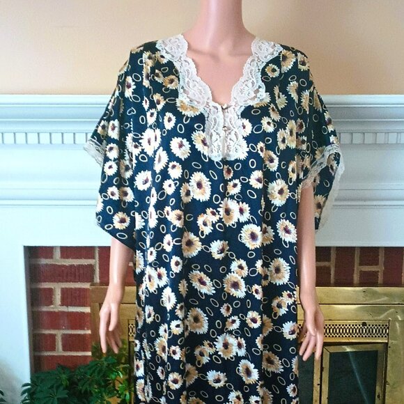 Barbizon Floral Kaftan Night Gown L Vintage Blue Daisy Maxi Muumuu House Dress - Picture 7 of 9